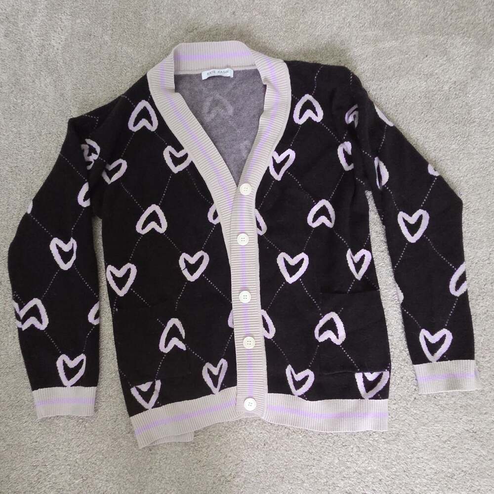 Kate Kasin Black and Pink Heart Print V-Neck Button Cardigan Sweater